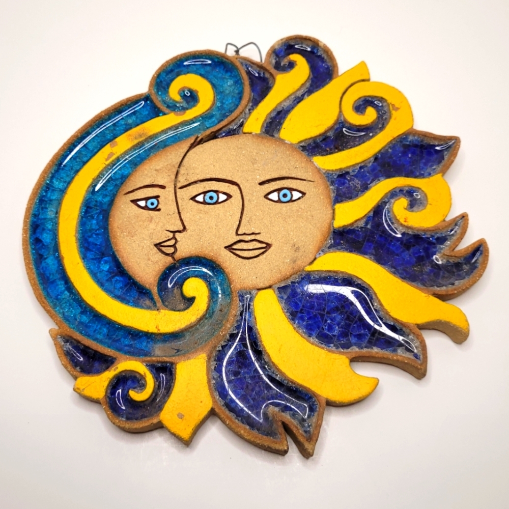 Blue Eyed Sun Moon Handmade Stoneware Wall Art with Marked Makrhi